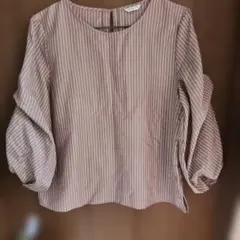 ストライプ バルーンスリーブブラウス 長袖 ブラウン系