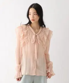 タイ付きプリーツフリルブラウス ピンク