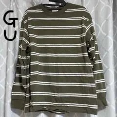 GU 春秋冬 オリーブグリーン ホワイトストライプ 長袖Tシャツ Mサイズ 緑