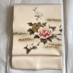 ペールグリーン地　ショッキングピンク　ポピー花　　塩瀬名古屋帯 ペールグリーン地 ショッキングピンク ポピー花 塩瀬名古屋帯 - メルカリ