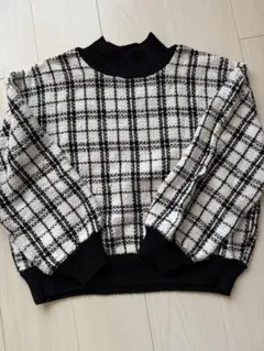 チェック柄 ハイネック ニット セーター 長袖 白黒
