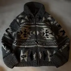 vintage カウチンニット　ノルディック柄　金ジップ　グレー　厚手　アウター