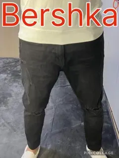 Bershka ブラック ダメージ デニム ベルシュカ スキニー ジーンズ 黒