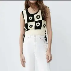 ZARA サイドリボン付き　クロシェットニットベスト Lサイズ 美品 お花 刺繍