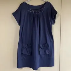 ビジュー付き　チュニック　ワンピースゆったりサイズ　ネイビー