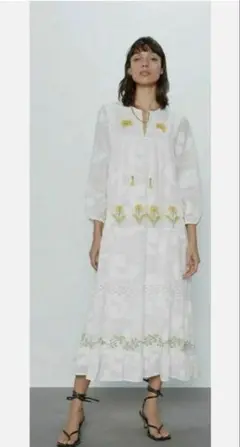 ZARA 刺繍入りホワイトマキシワンピース　サイズL ゆったり大きめ