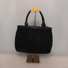美品】編み込みがま口ハンドバッグ黒本革レザーゴールド金具フォーマル 