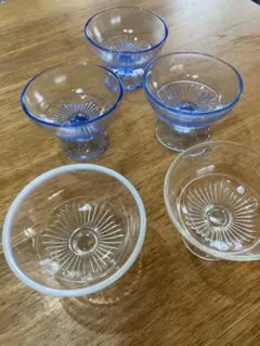 【昭和レトロ】かき氷コップ5客 ブルー＆クリア&乳白縁　デザートグラス 骨董
