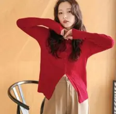 AMELY　リブニットカーディガン フロントスリット スプリングニット