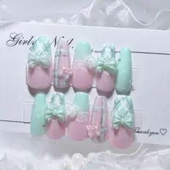 Ｎｏ．現品 ネイルチップハンドメイド ミントグリーンピンクチェック手書き韓国大人