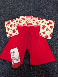 【美品】椿柄　袴ロンパース　80サイズ