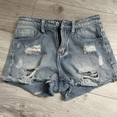 デニムブルー ダメージ加工 ショートパンツ