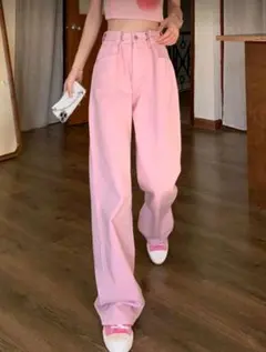 ピンク ハイウエスト ストレートジーンズ