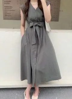 【新品未使用】 ウエストリボン付きロングシャツワンピース グレー Mサイズのサムネイル