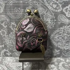 ハンドメイド♪本革薔薇がま口財布・ポーチ(^-^)ブラックキラキラピンク♪