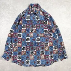 【美品】90s ヴィンテージ シルク100% 総柄シャツ 長袖 ブルー系 Mのサムネイル