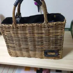 定番完売 エバゴス ebagos 横長かごバッグ 紅籐かごバッグ 黒リネン被せ
