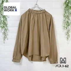 美品 グローバルワーク ギャザーネックブラウス M ブラウン ゆったり とろみのサムネイル