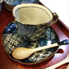 ⭐️5客セット カップ&ソーサー&スプーン 愛陶 古染祥瑞和柄 陶器