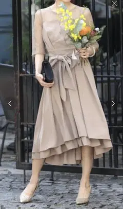 ベージュ レーススリーブ Aラインドレス