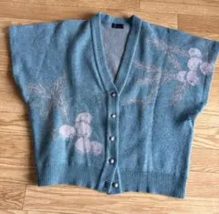 青緑色 花柄 半袖カーディガン