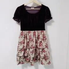 値下げ【新品未使用】L'EST ROSE 花柄ベロア 膝丈ワンピース 半袖 茶色