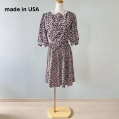 80s USA製 襟レース フラワープリント ワンピース ブラック N115