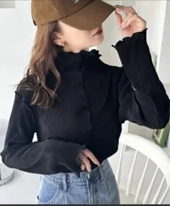 リブ編みハイネックトップス L ブラック