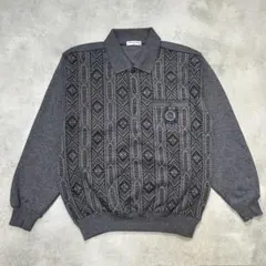 90’s 総柄 ニットポロ グレー 幾何学模様 レトロ 古着 M デザイン系