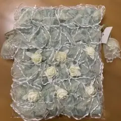 新品★レース 花 バラ フリルデザイン 巾着 グリーン ポーチ 小物入れ