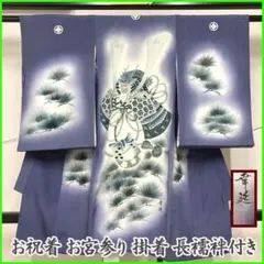 502ay52□お宮参り 男児 祝い着 着物 長襦袢付 落款入り 龍に兜 灰青□