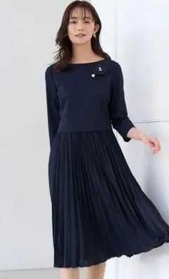 人気✨美品 組曲 ジャージーコンビプリーツワンピース【XL】ネイビー大きいサイズ