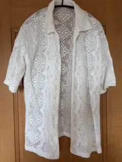 ホワイト レース編み 半袖シャツ Fサイズ