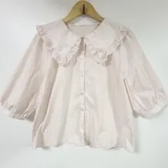 ハニーズ　ビッグカラー五分袖ブラウスシャツ　ピンクストライプL