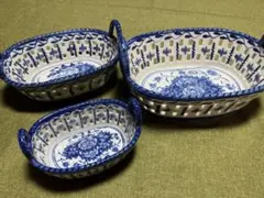 【美品】中国陶器 取手付 透かし彫 楕円形 大.中.小 3点セット