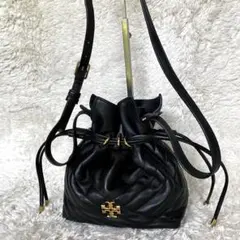 美品】トリーバーチ キラ 巾着 ショルダーバッグ ブラック 本革 ロゴ 