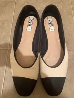 【ZARA】フラットシューズ 37 ベージュ・ブラック 24cm【ザラ】