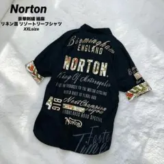 美品 Norton 豪華刺繍 綿麻 リゾートリーフシャツ XL リネン ブラックのサムネイル