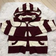 ボルドーとアイボリーのストライプニットフード付きパーカー