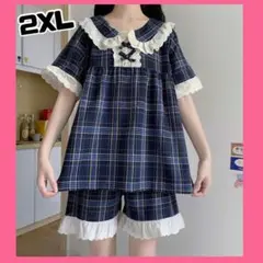 パジャマ ルームウェア マタニティ ネイビー チェック 半袖 紺 レース フリル