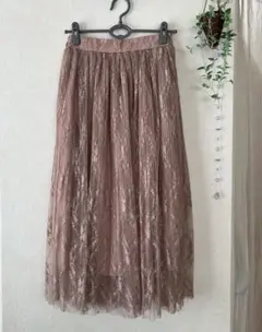レースシフォンロングスカート　Ｌ　くすみピンク　プリーツロングスカート