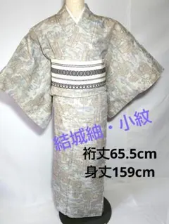 結城紬・小紋、ライトブルー地、90亀甲で京都名所柄、正絹　Ｇ3