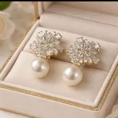 イヤリング ビジュー パール風 フラワー ゴールド 結婚式 ブライダル 卒業式