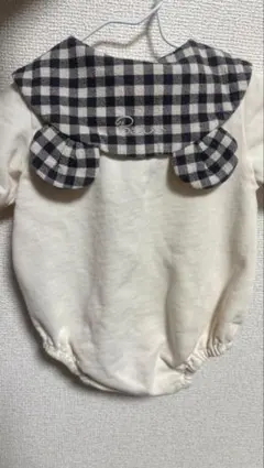 アイボリー チェック柄 くま耳 ロンパース 70サイズ tete a tete
