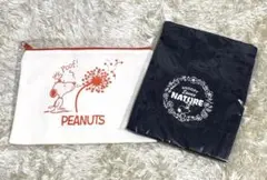 スヌーピー　コットン調ポーチ、デニム風巾着　2個セット