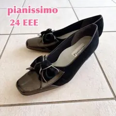 【匿名配送】pianissimo 日本製リボンパンプス 黒 光沢劣化 24EEE