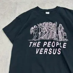 人と神　ユニークイラスト　トップス　半袖　Tシャツ　古着　ブラック　黒　L