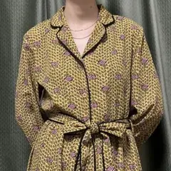 古着｜ロングワンピース　ゴールド　花柄　メルロー　ベルト付き　ふわっと　大人可愛