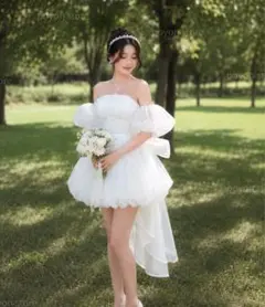 バックリボン ウェディングドレス 結婚式 ショート丈 前撮り - メルカリ