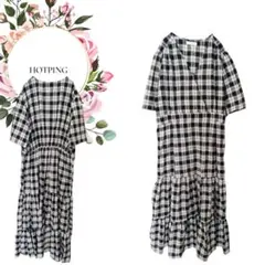 【ホッピン】ロングVネックフレアワンピース後ゴム♡チェック柄♡大きいサイズ【4】